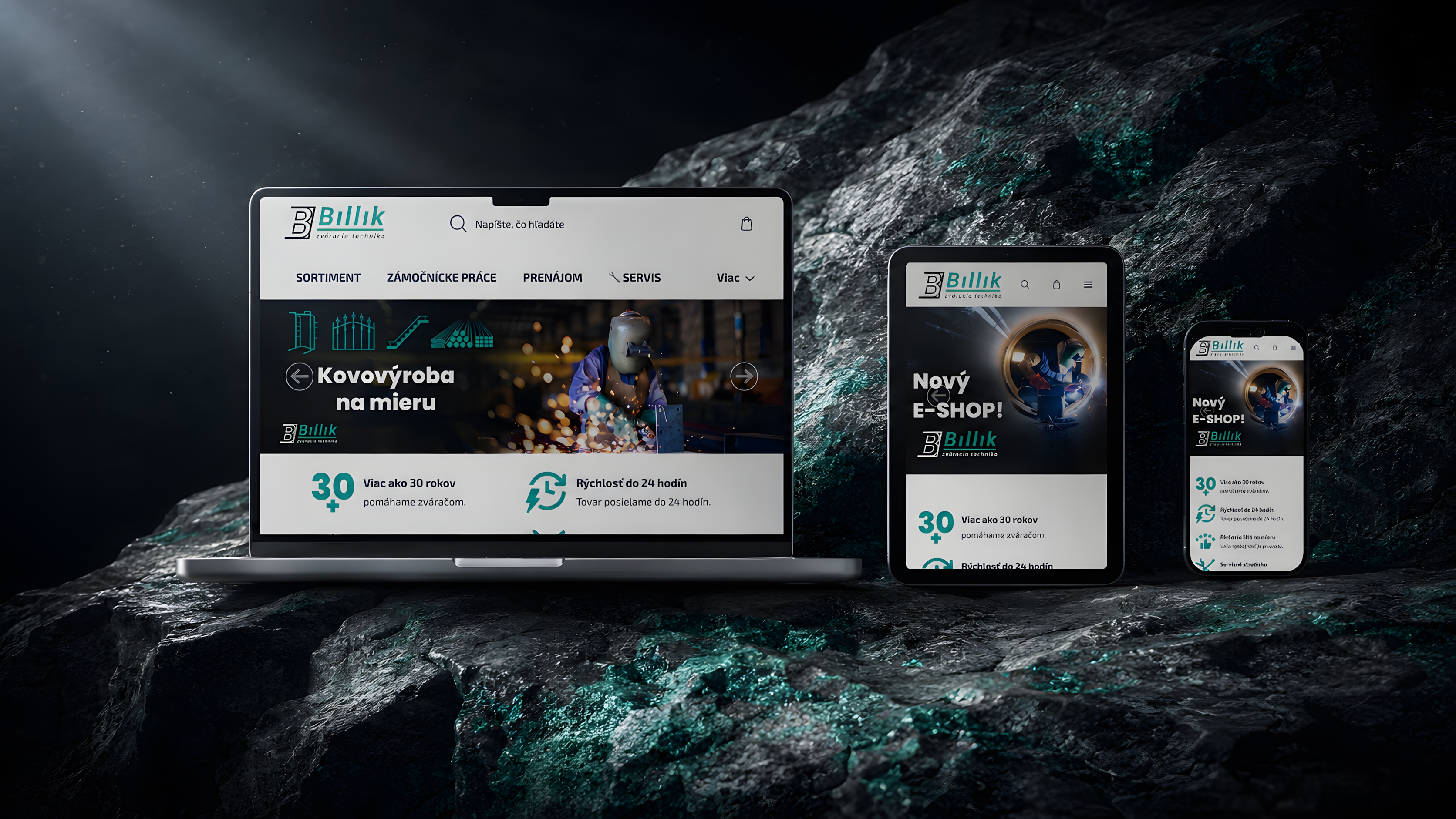 BILLIK eshop zváracej techniky — mockup webstránky na notebooku, tablete a mobile